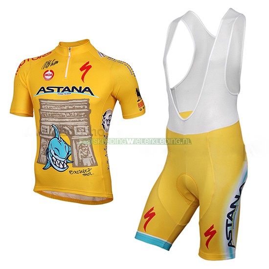 Astana Fiensshirt Met Korte Mouwen 2014 En Korte Koersbroek geel